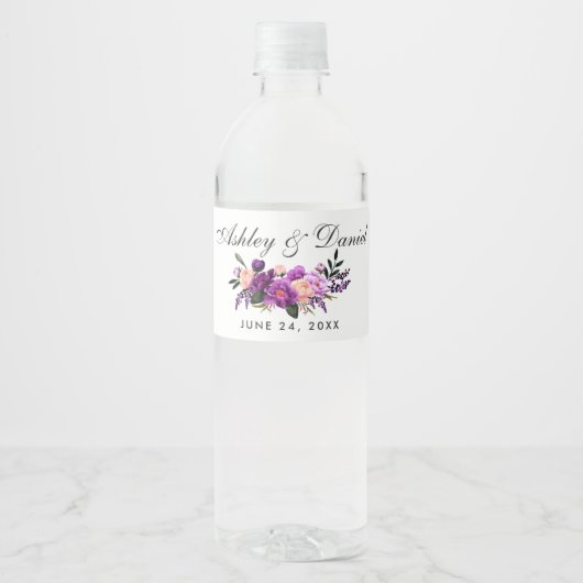 Ultra Violet Paarse Floral Waterverf Wedding Waterfles Etiket (Voorkant)