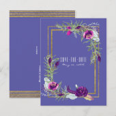 Ultra Violet Paarse & Gouden Bloemen Opslaan van d Aankondigingskaart (Voorkant / Achterkant)