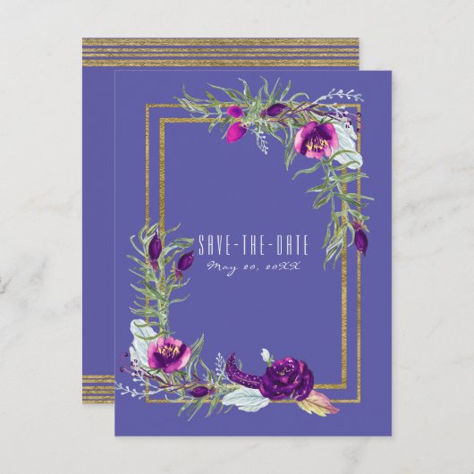 Ultra Violet Paarse & Gouden Bloemen Opslaan van d Aankondigingskaart (Voorkant / Achterkant)