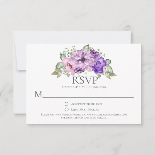 Ultra Violet Paarse Roze Waterverf Bloemen RSVP (Voorkant)