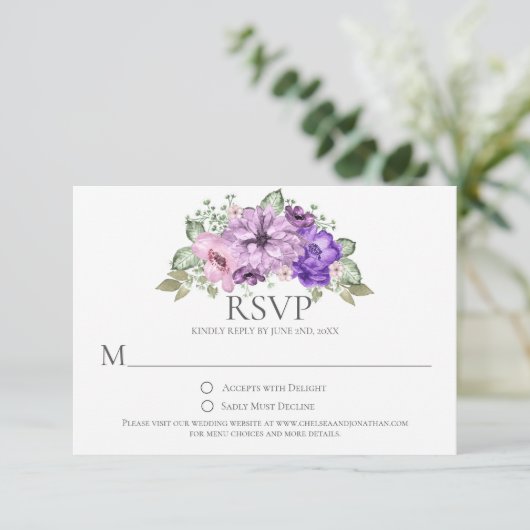 Ultra Violet Paarse Roze Waterverf Bloemen RSVP (Staand voorkant)