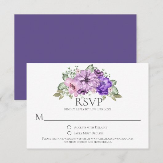 Ultra Violet Paarse Roze Waterverf Bloemen RSVP (Voorkant / Achterkant)