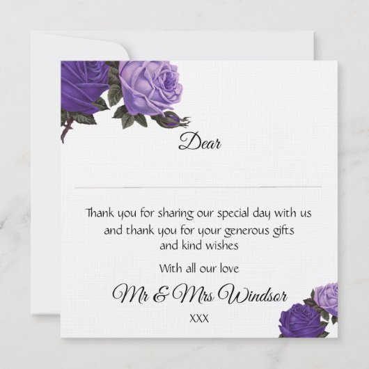 Ultra Violet Paarse rozen Bruiloft Dank u kaart (Achterkant)