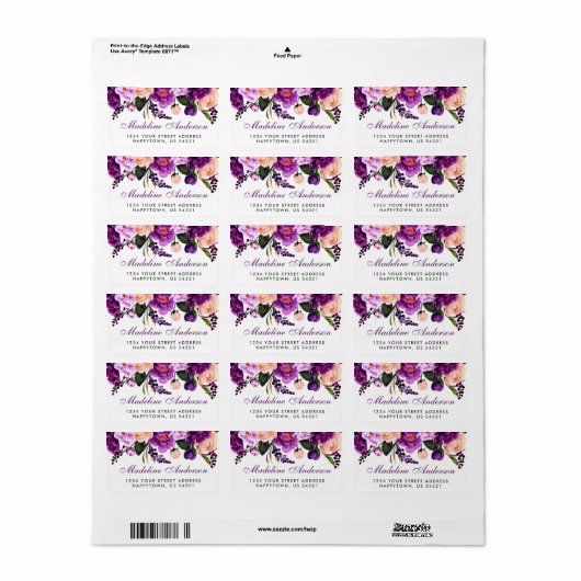 Ultra Violet Paarse Waterverf Bloemen Etiket (Full Sheet)