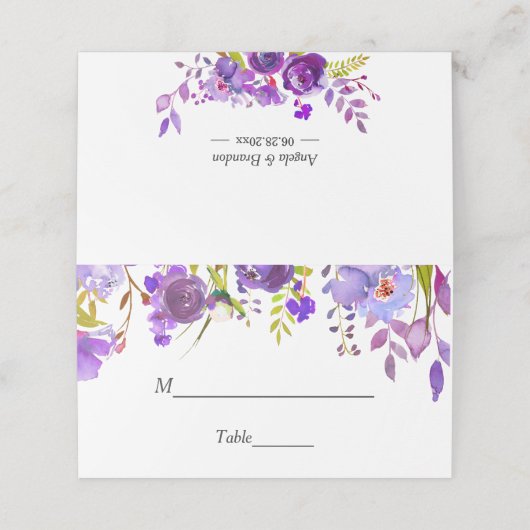 Ultra Violet Paarse Waterverf Floral Wedding Plaatskaartje (Buitenkant ongevouwen)