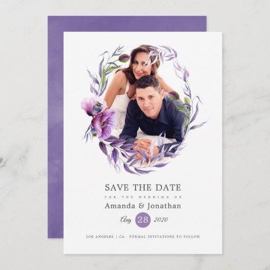 Ultra Violet Poppy Floral foto bruiloft Save The Date (Voorkant / Achterkant)