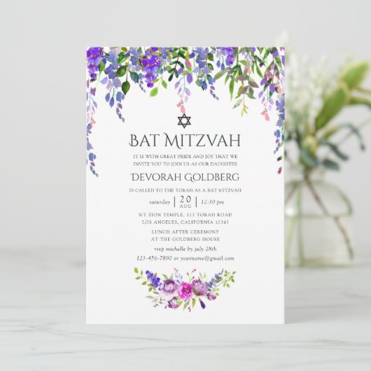 Ultra Violet Trouw Waterverf Bloemrijke Bat Mitzva Kaart (Staand voorkant)