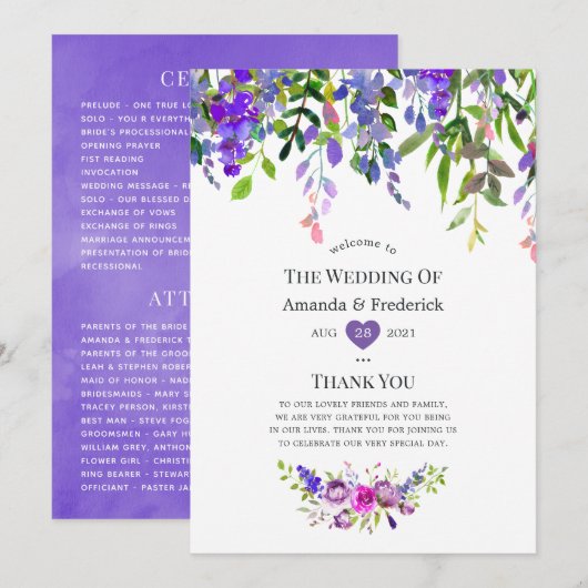 Ultra Violet Trouwprogramma met waterverf bloemen Programmakaart (Voorkant / Achterkant)