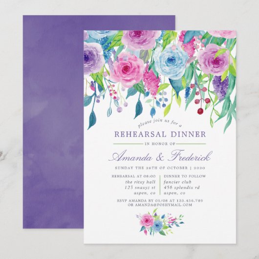 Ultra Violet Watercolor Bloemen Proefdiners Kaart (Voorkant / Achterkant)