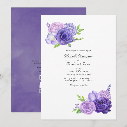 Ultra Violet Waterverf Bloem QR Code Bruiloft Kaart (Voorkant / Achterkant)