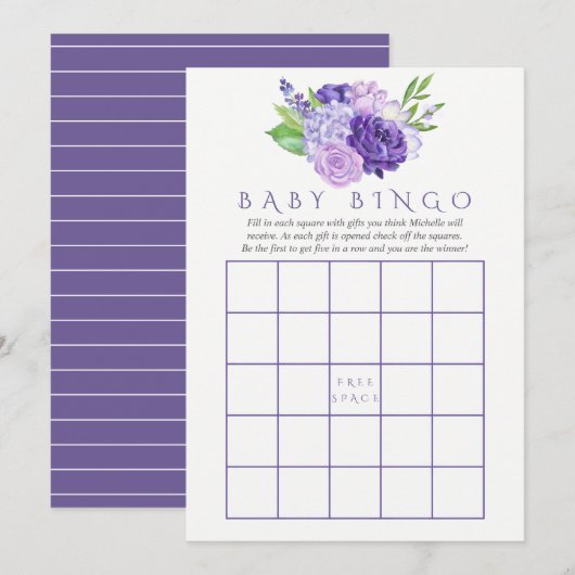 Ultra Violet Waterverf Floral Baby shower Bingo Kaart (Voorkant / Achterkant)