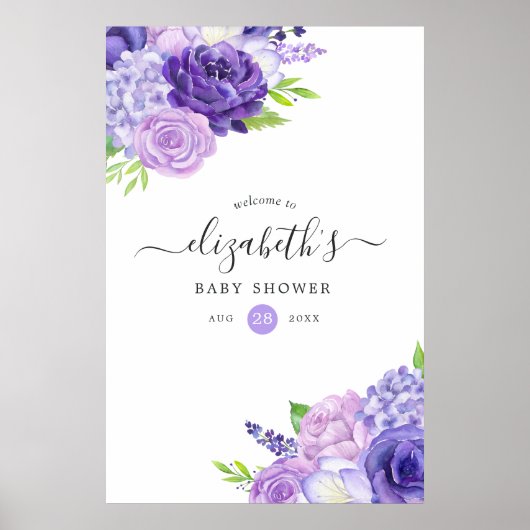 Ultra Violet Waterverf Floral Baby shower Welkom Poster (Voorkant)