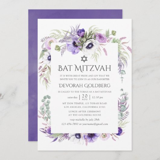 Ultra Violet Waterverf Floral Bat Mitzvah Kaart (Voorkant / Achterkant)