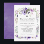 Ultra Violet Waterverf Floral Bat Mitzvah Kaart<br><div class="desc">Bloemenvleermuis mitswa uitnodigingen in pasteltinten met anemone bloemen,  eucalyptus,  ranunculus en vetplanten.</div>