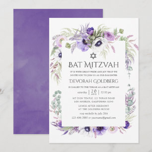 Ultra Violet Waterverf Floral Bat Mitzvah Kaart