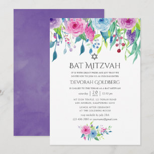 Ultra Violet Waterverf Floral Bat Mitzvah Kaart
