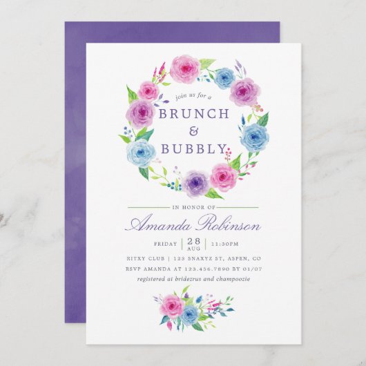 Ultra Violet Waterverf Floral Brunch en Bubble Kaart (Voorkant / Achterkant)