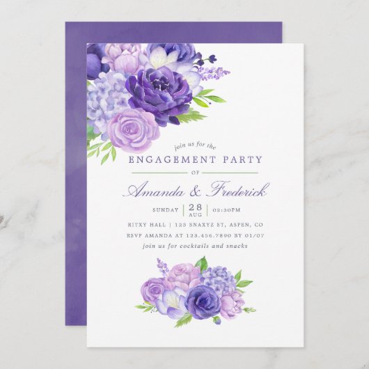 Ultra Violet Waterverf Floral Engagement Party Kaart (Voorkant / Achterkant)