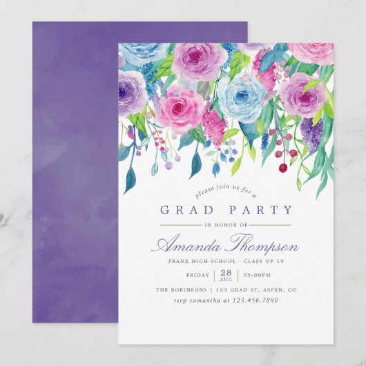 Ultra Violet Waterverf Floral Graduation Party Kaart (Voorkant / Achterkant)