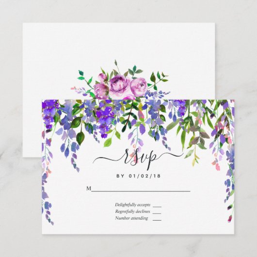 Ultra Violet Waterverf Floral RSVP Kaartje (Voorkant / Achterkant)
