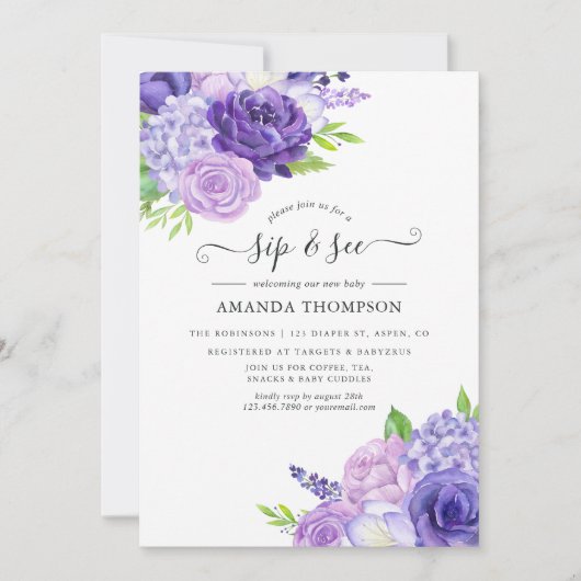 Ultra Violet Waterverf Floral Sip en zie Invitat Kaart (Voorkant)