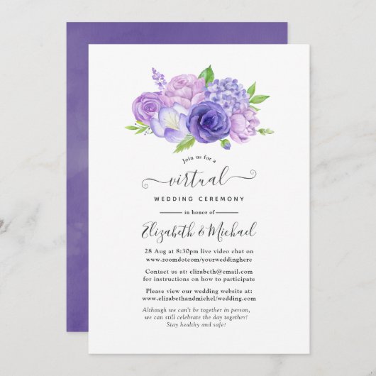 Ultra Violet Waterverf Floral Virtual Wedding Kaart (Voorkant / Achterkant)