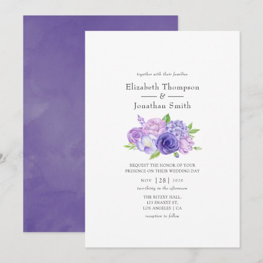 Ultra Violet Waterverf Floral Wedding Kaart (Voorkant / Achterkant)