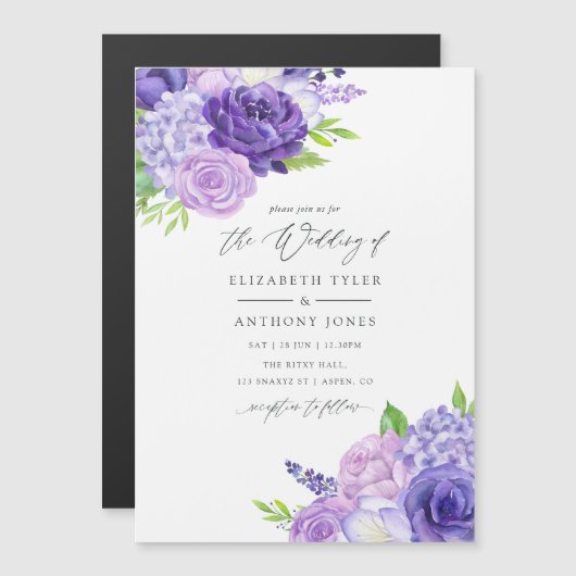 Ultra Violet Waterverf Floral Wedding Magnetische Uitnodiging (Voorkant / Achterkant)