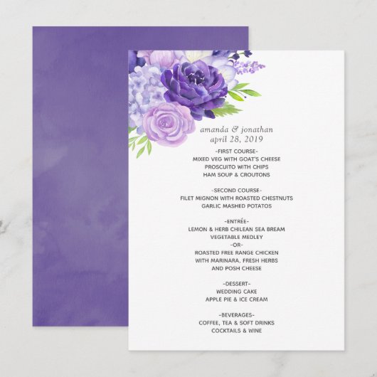 Ultra Violet Waterverf Floral Wedding Menu (Voorkant / Achterkant)