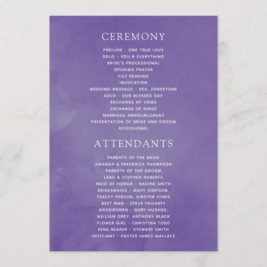 Ultra Violet Waterverf Floral Wedding Programmakaart (Achterkant)