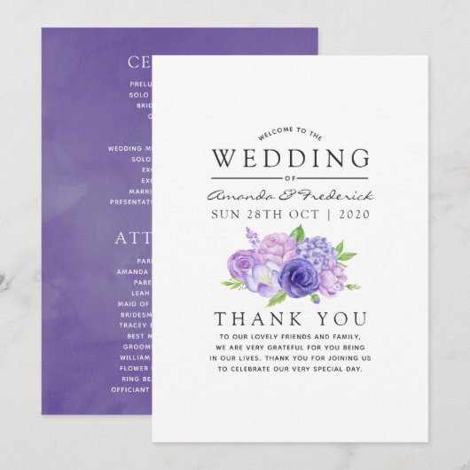 Ultra Violet Waterverf Floral Wedding Programmakaart (Voorkant / Achterkant)