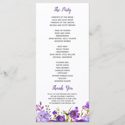 Ultra Violette Paarse Bloemige Trouwprogramma Programmakaart (Achterkant)