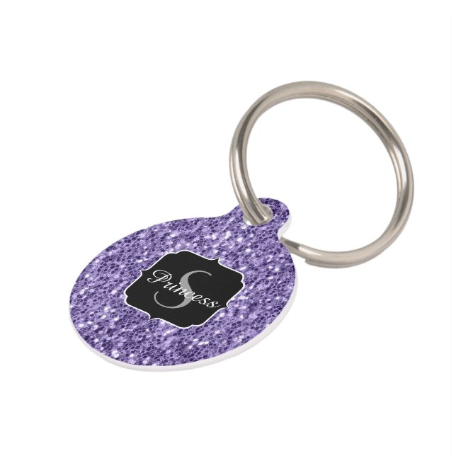 Ultra violette paarse glinsterende glitter monogra huisdierpenning (Zijkant)