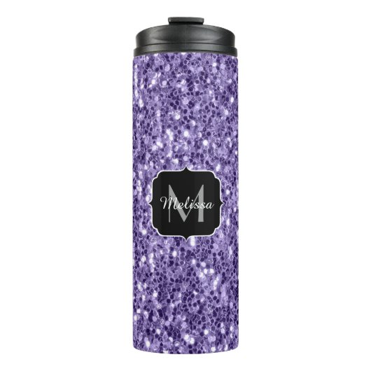 Ultra violette paarse glitters glans Monogram Thermosbeker (Voorkant)