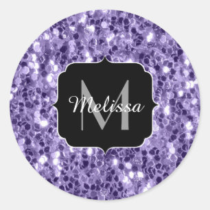 Ultra violette paarse glitters glitteren Monogram Ronde Sticker