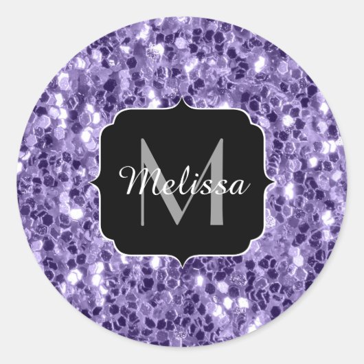 Ultra violette paarse glitters glitteren Monogram Ronde Sticker (Voorkant)