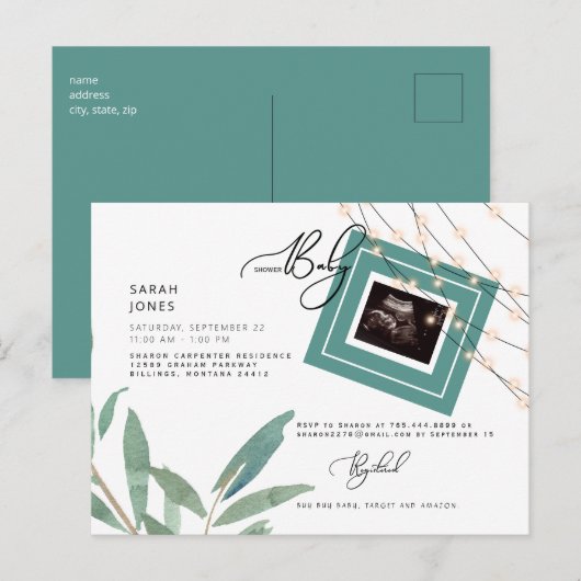 Ultrageluid Blauwgroen Baby shower Uitnodiging Briefkaart (Voorkant / Achterkant)
