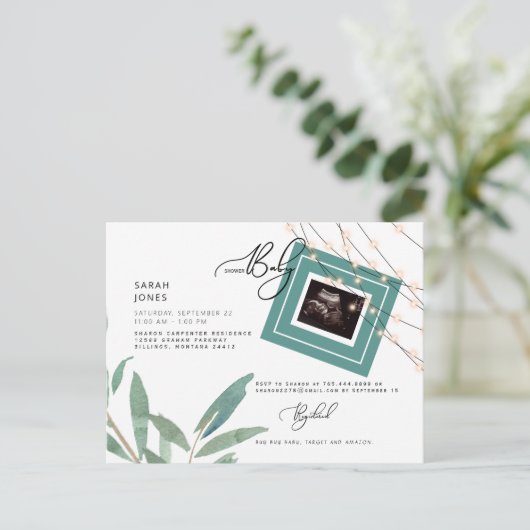 Ultrageluid Blauwgroen Baby shower Uitnodiging Briefkaart (Staand voorkant)