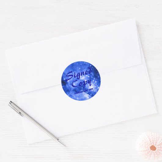 Ultramarijn blauw gekleurde sterren ondertekend ex ronde sticker (Envelop)