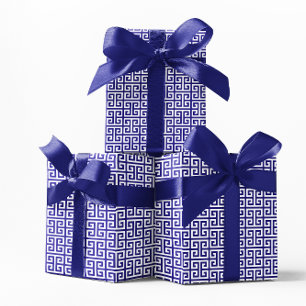 Ultramarijn en Witte Griekse Sleutel Patroon Cadeaupapier