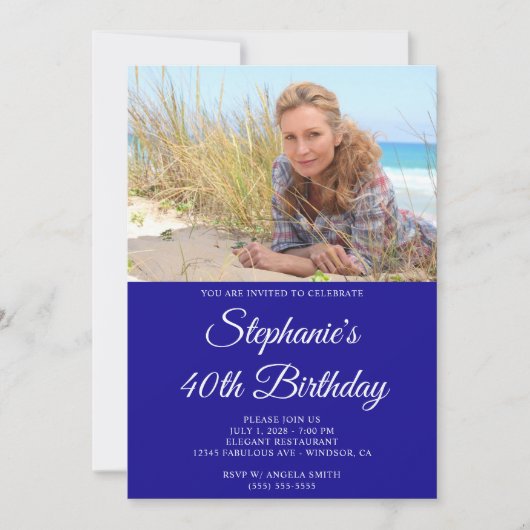 Ultramarine en wit Elegant Script 40e verjaardag Kaart (Voorkant)