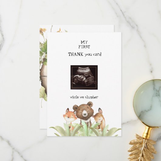 Ultrasound Baby Boy Funny Woodland Bedankkaart (Voorkant / Achterkant in situ)