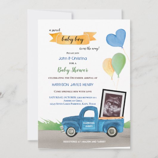 Ultrasound Blue Truck Green Balloons Baby shower Aankondiging (Voorkant)
