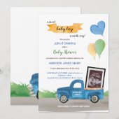 Ultrasound Blue Truck Green Balloons Baby shower Aankondiging (Voorkant / Achterkant)