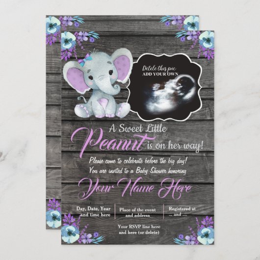 Ultrasound Elephant Baby shower Invitation, rustis Kaart (Voorkant / Achterkant)