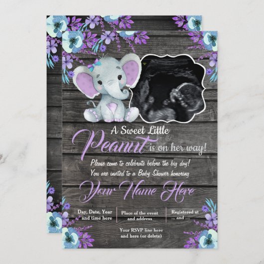 Ultrasound Elephant Baby shower Invitation, rustis Kaart (Voorkant / Achterkant)