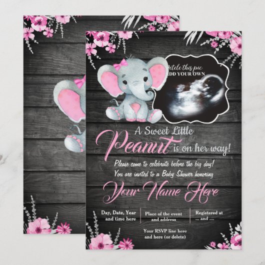 Ultrasound Elephant Baby shower Invitation, rustis Kaart (Voorkant / Achterkant)