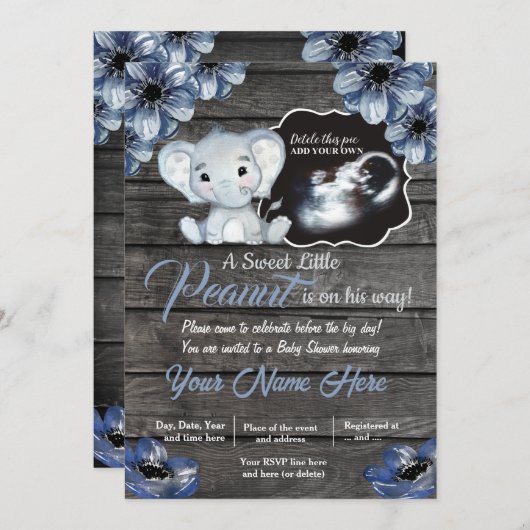 Ultrasound Elephant Baby shower Invitation, rustis Kaart (Voorkant / Achterkant)