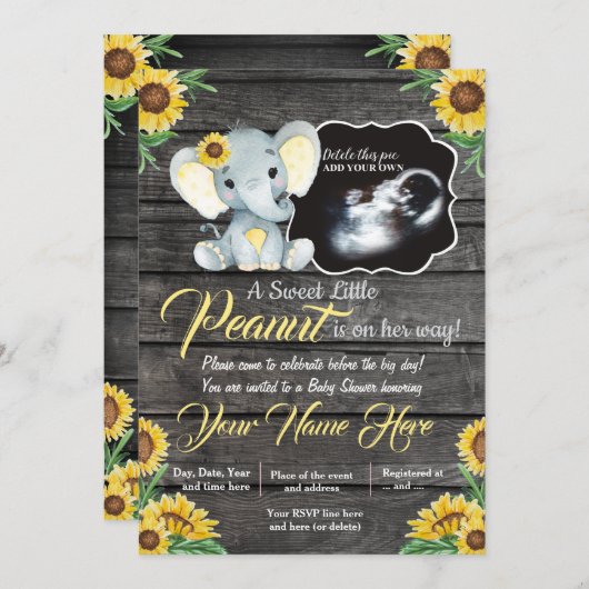 Ultrasound Elephant Baby shower Invitation, rustis Kaart (Voorkant / Achterkant)