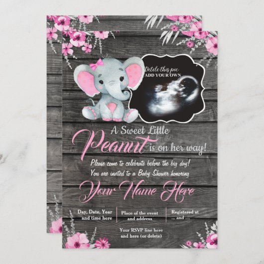 Ultrasound Elephant Baby shower Invitation, rustis Kaart (Voorkant / Achterkant)